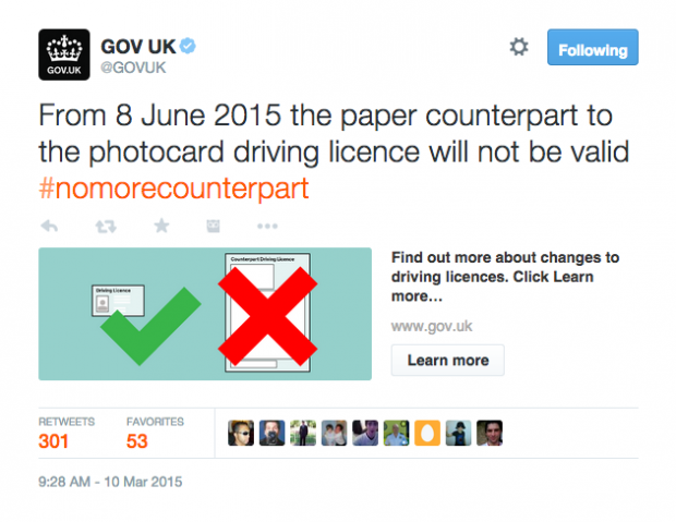 Example of a @GOV.UK tweet and Twitter card about the abolition of the driving licence counterpart