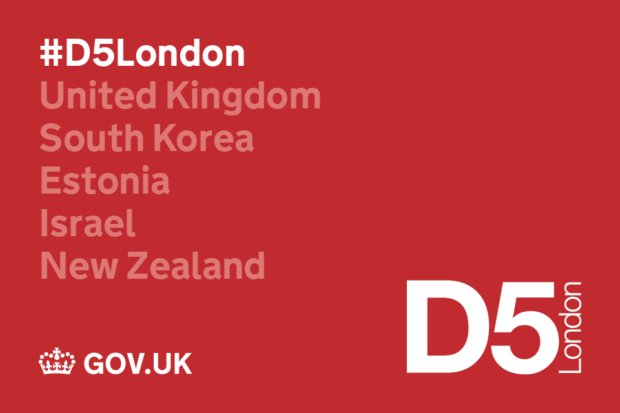 Graphic relating to the D5 London event - featuring the names of the participating countries: UK, South Korea, Estonia, Israel and New Zealand