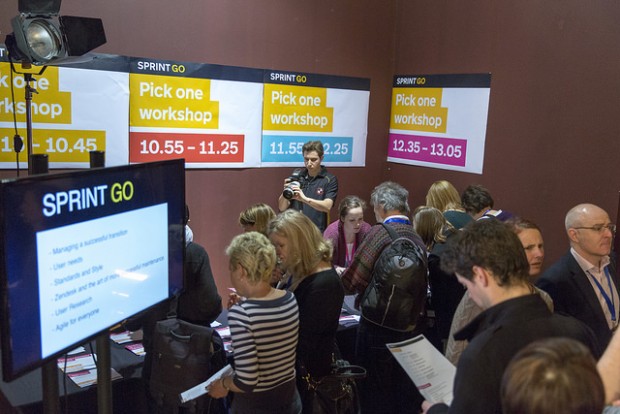 Group of visitors registering for an event