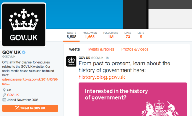 Screenshot of the @GOVUK twitter account showing 1million followers