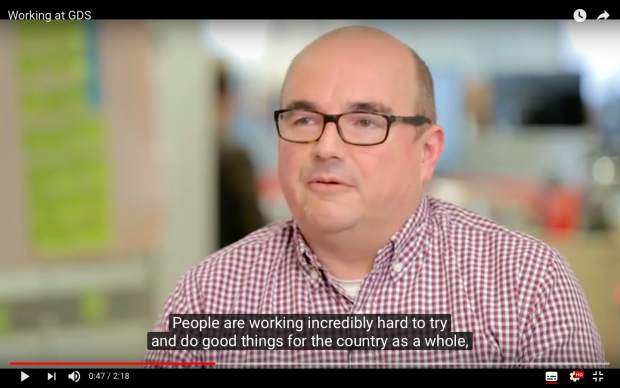 Screen shot from a GDS video. Transformation lead Simon Everest is speaking to camera and his spoken words are shown as captions.